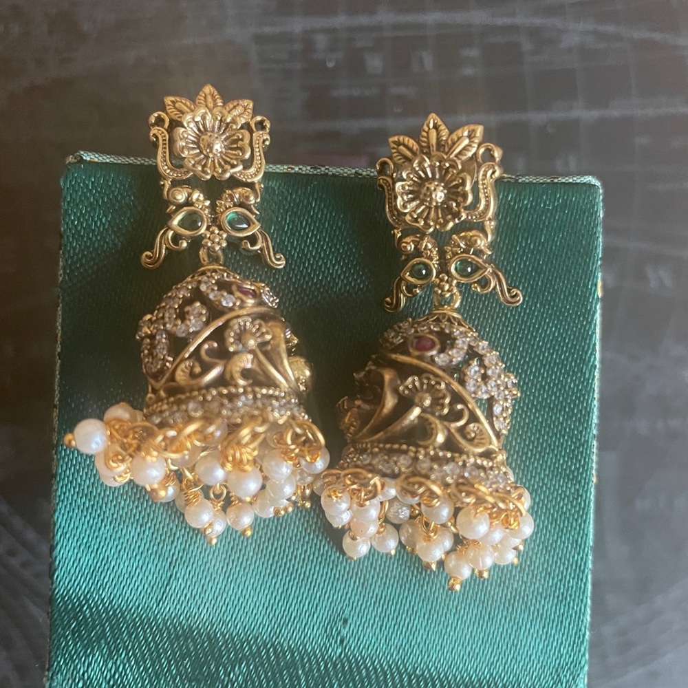 Gold-Tone Floral Jhumka Earrings with Pearl Drops - Women Jewelry